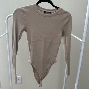 Zara Long Sleeve Basic Bodysuit in Tan